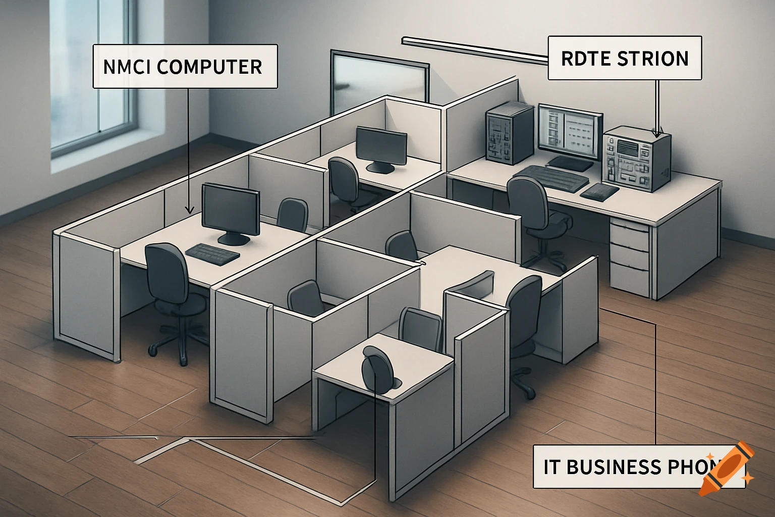 A diagram of an office layout with multiple cubicles, computers, and a business phone, labeled 'NMCI COMPUTER', 'RDTE STRION', and 'IT BUSINESS PHONE'.
