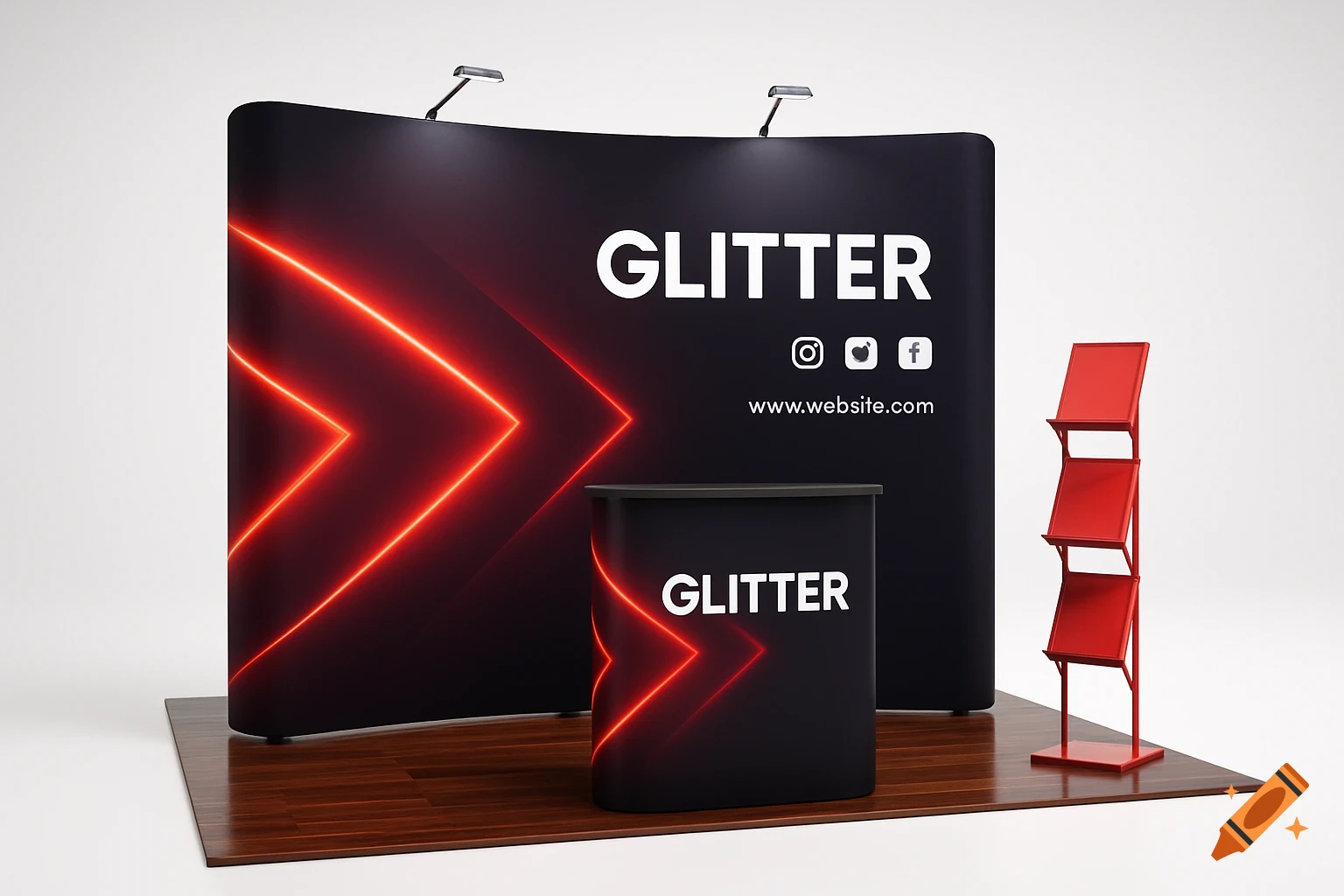 A modern trade show booth with a curved black display featuring glowing red neon arrows, 'GLITTER' text, social media icons, a matching podium, and a red literature rack on a wood floor.