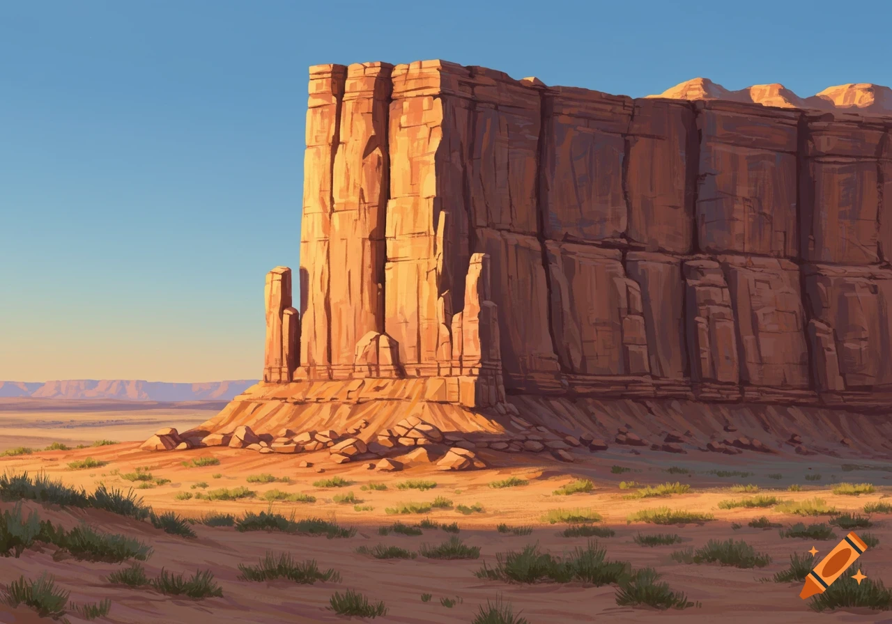 A large, sunlit desert mesa stands in a sandy landscape with sparse grass under a clear blue sky, in an illustrative style.