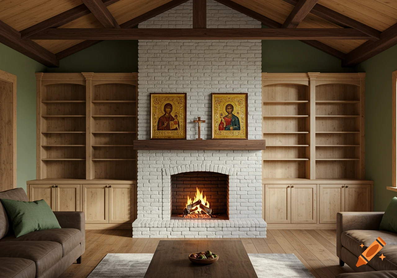 A rustic living room with a white brick fireplace, two religious icons, bookshelves, and wood beams on the ceiling.