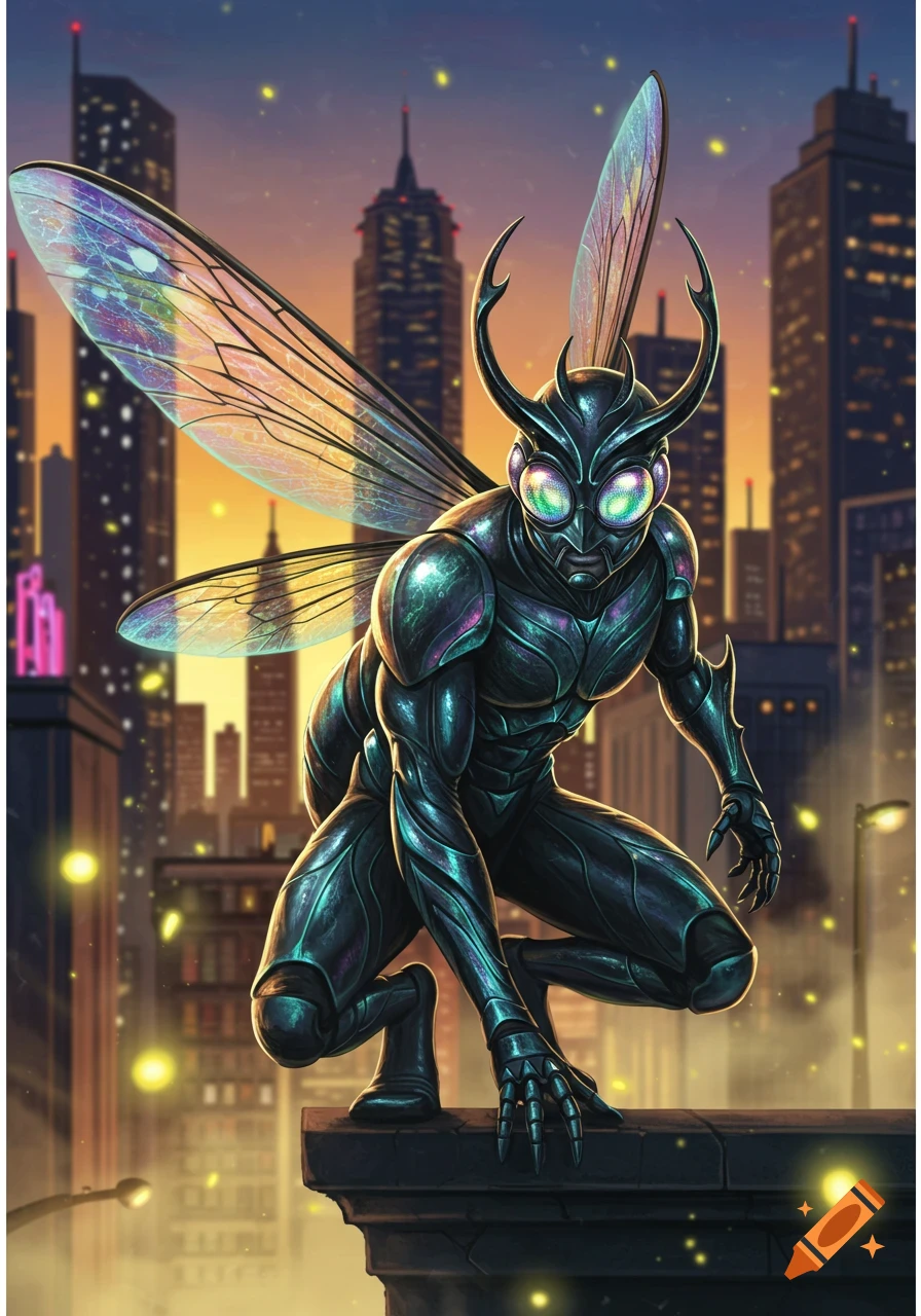 A dark, iridescent insect-like superhero with large wings crouches on a rooftop overlooking a vibrant city skyline at dusk, in a comic art style.