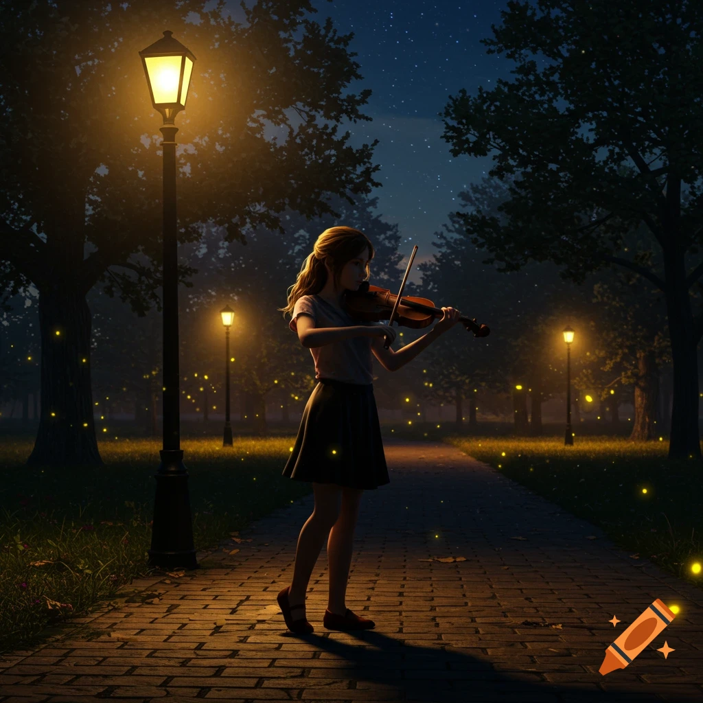 A girl playing a violin at night in a park, illuminated by lampposts and surrounded by glowing fireflies.