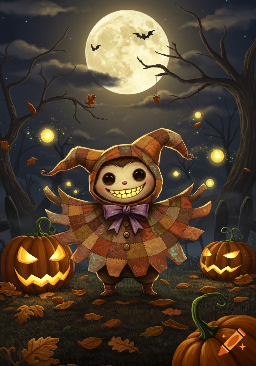 A cute, spooky patchwork creature with a wide smile stands between glowing jack-o'-lanterns under a full moon and bare trees on Halloween.