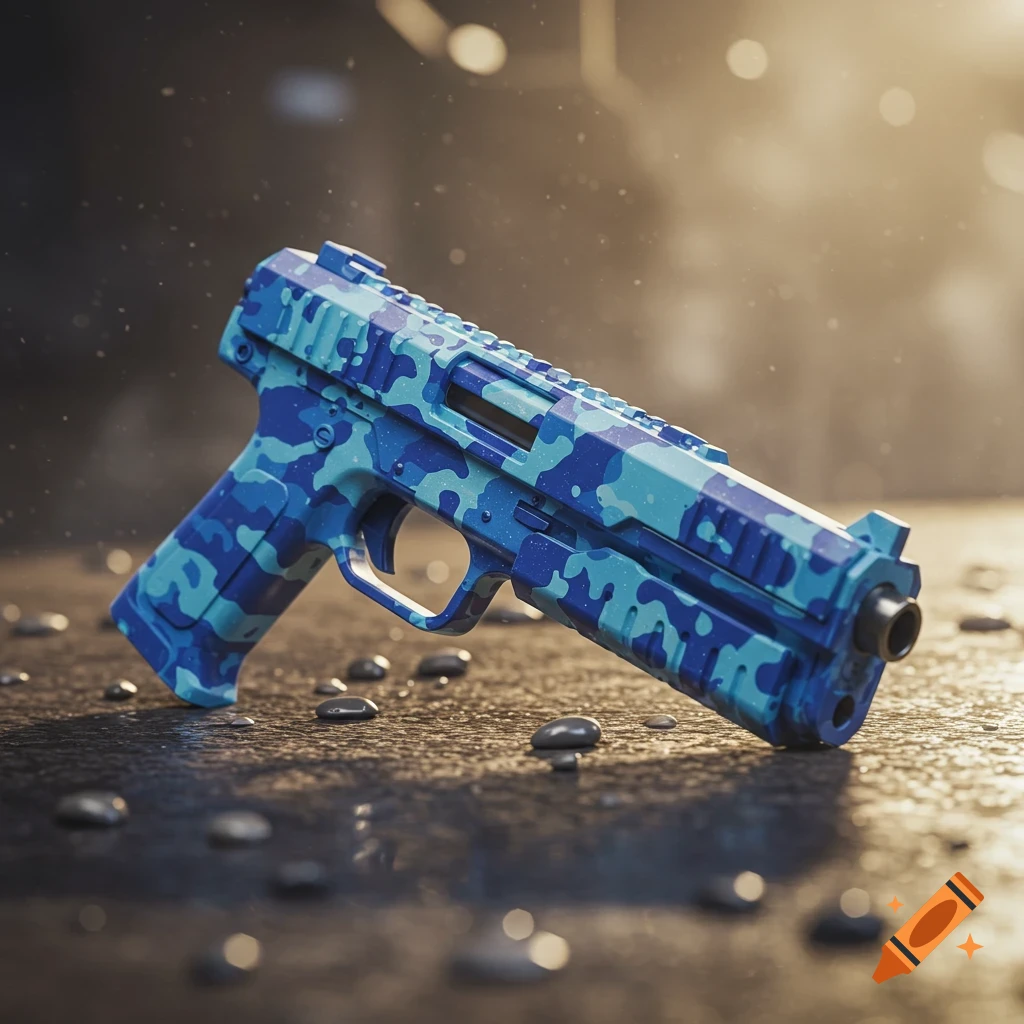 A close-up, low-angle shot of a blue camouflage gel blaster gun lying on a wet, dark surface with water droplets.