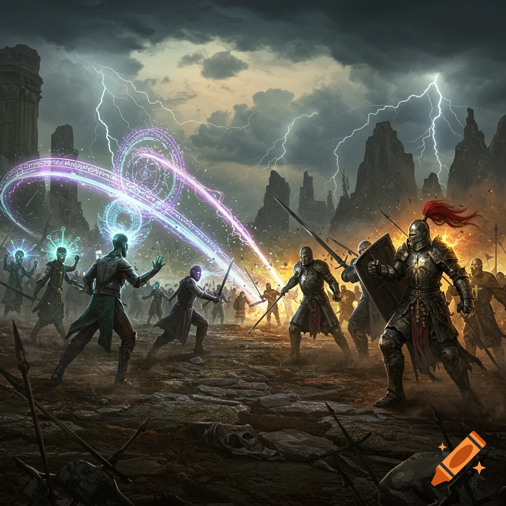 A dynamic fantasy battle scene with armored knights fighting magic-wielding figures under a stormy, lightning-filled sky.
