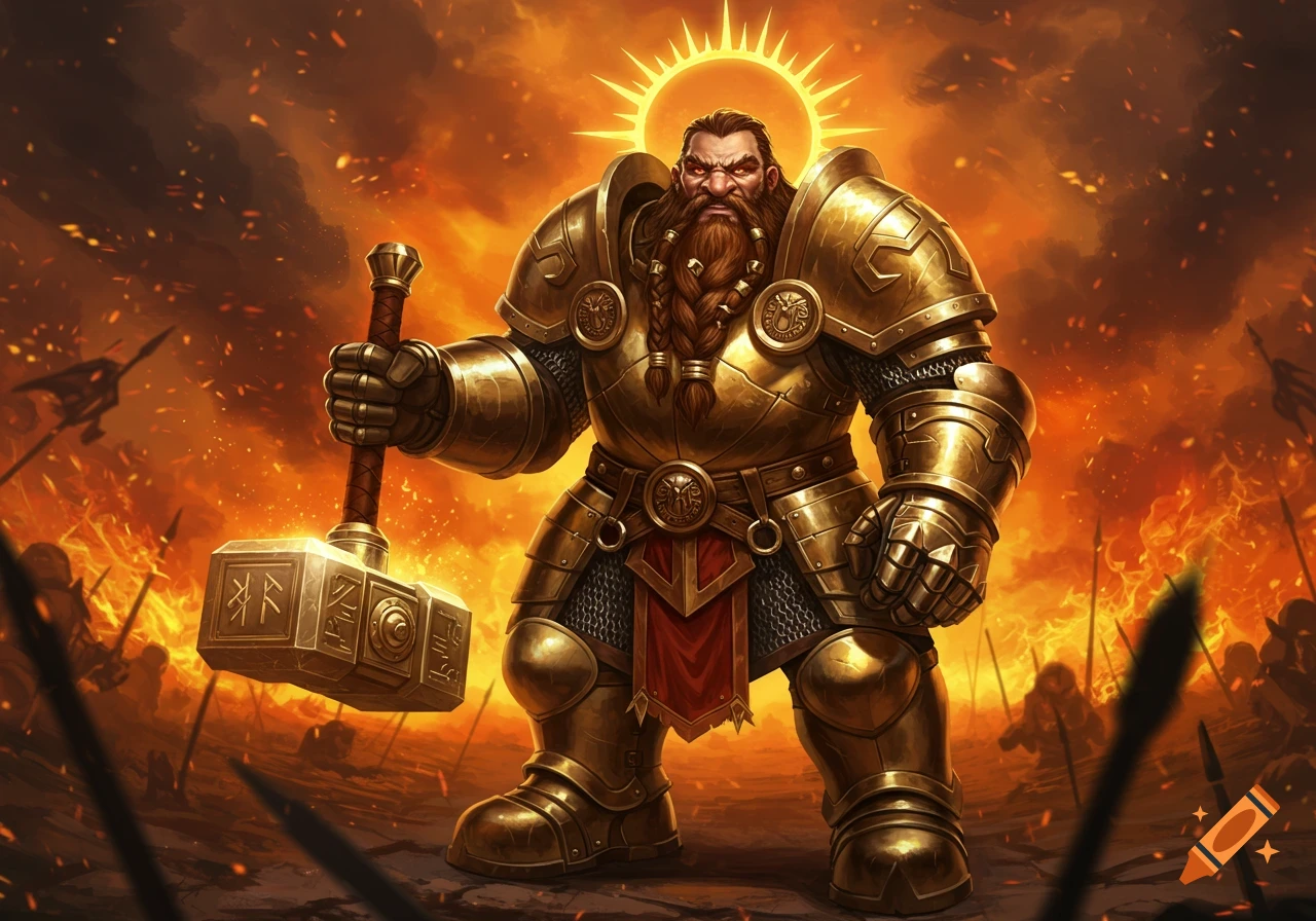 A heavily armored dwarf paladin in golden armor stands wielding a large hammer against a fiery battlefield backdrop.