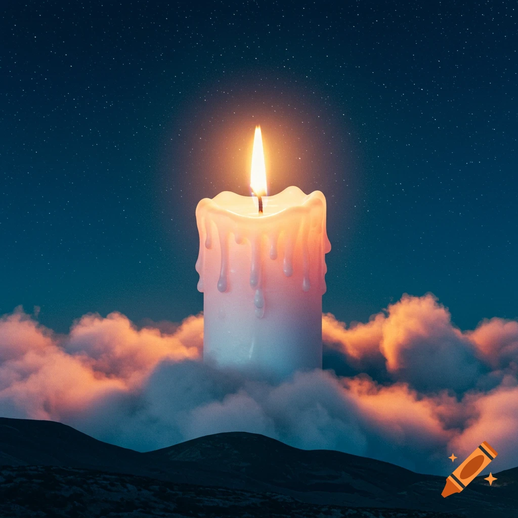 A massive white candle with glowing wax drips floats among orange clouds against a dark blue starry night sky, above dark hills.