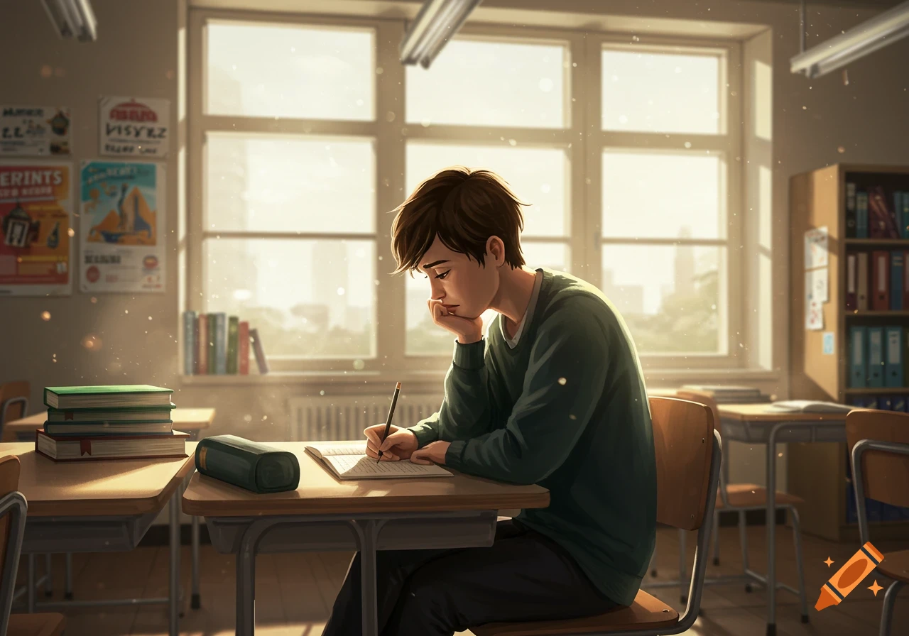 An illustrated young student sits at a desk in a sunny classroom, writing in a notebook.