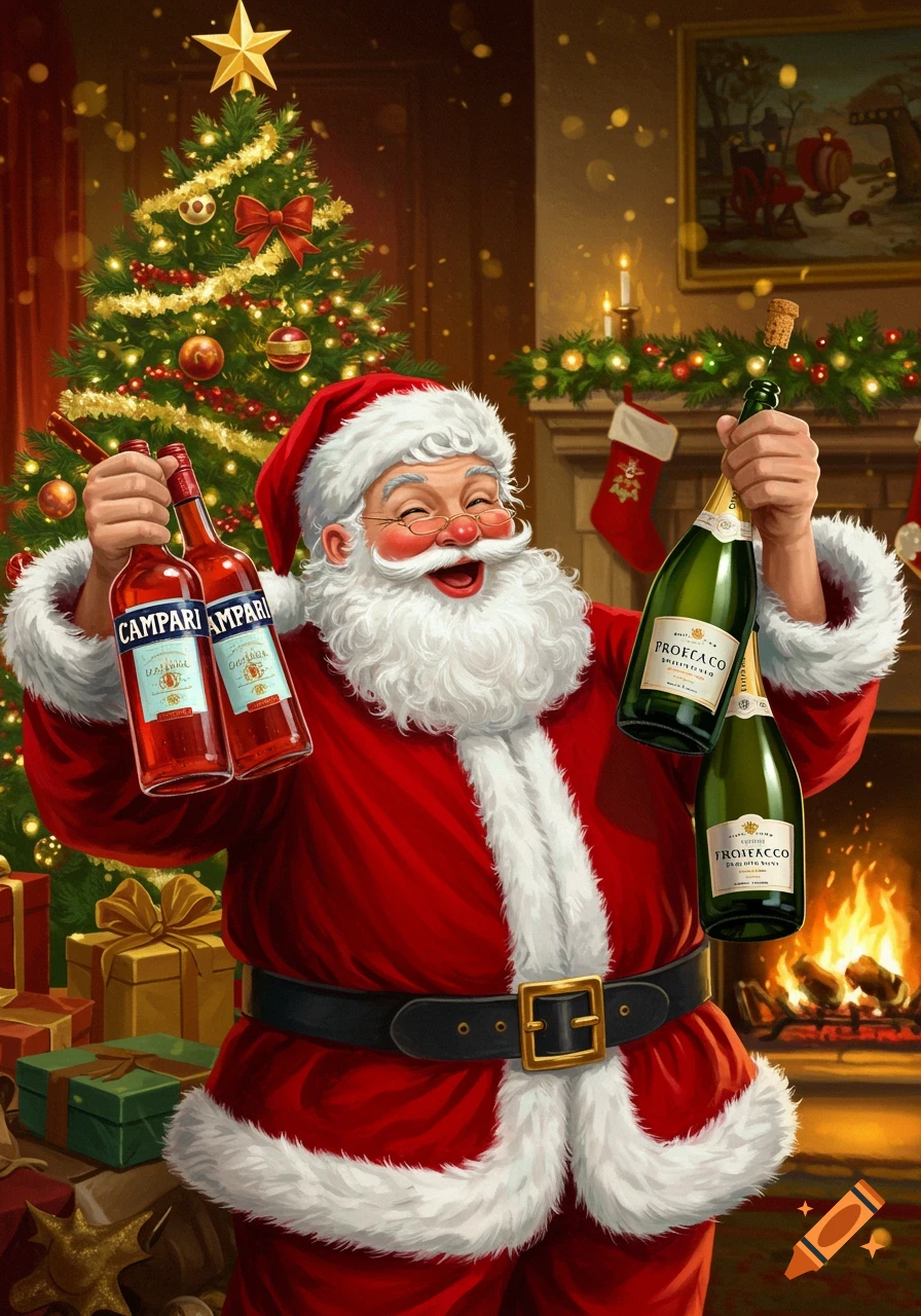 A jolly Santa Claus holding two bottles of Campari and two bottles of sparkling wine in a festive room with a Christmas tree and fireplace.