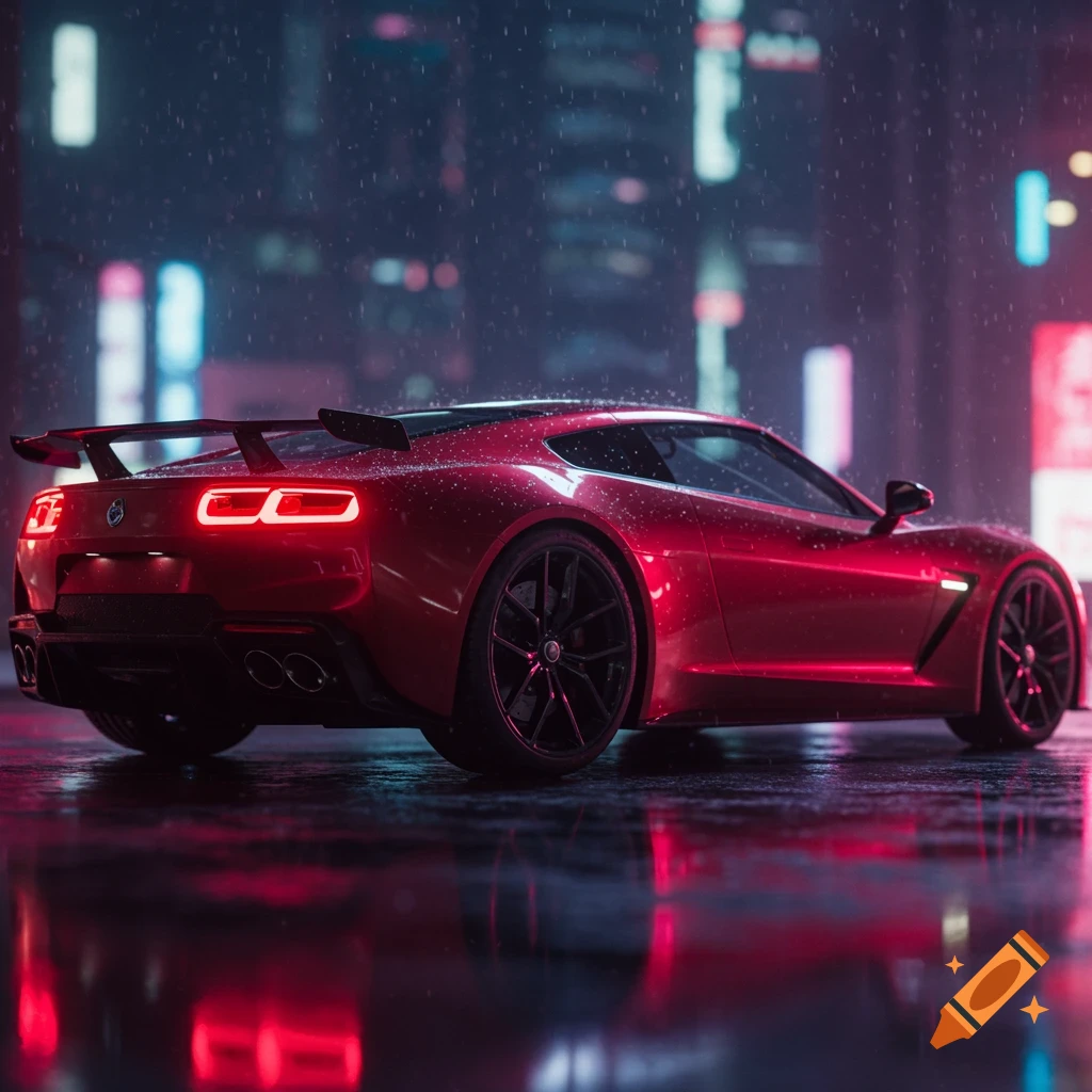 A sleek red sports car parked on a wet city street at night, with neon reflections and falling rain.