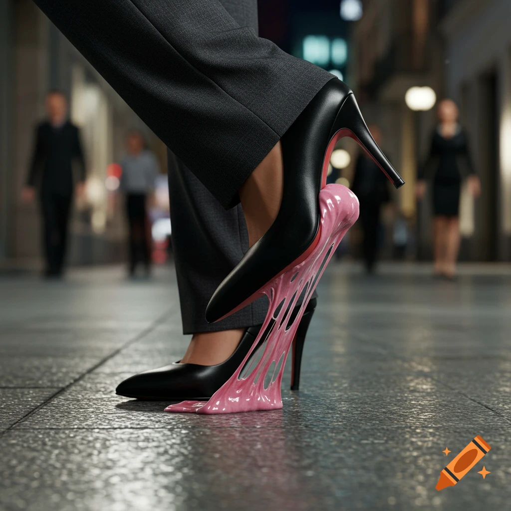 Photorealistic close-up of a business woman's black high heel stepping on pink gum on a city sidewalk.
