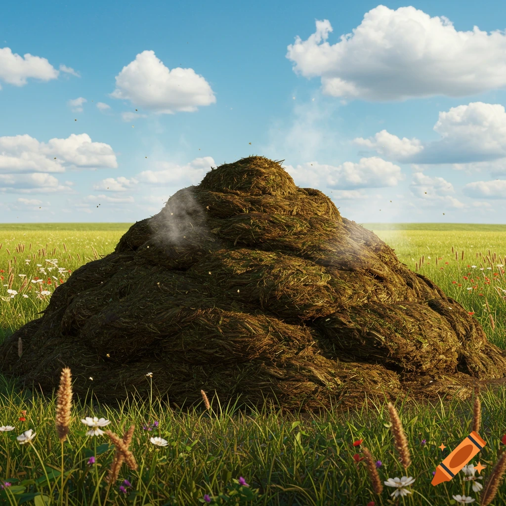 A large steaming pile of cow manure sits in a green grassy field under a blue sky with white clouds, with flies buzzing around.