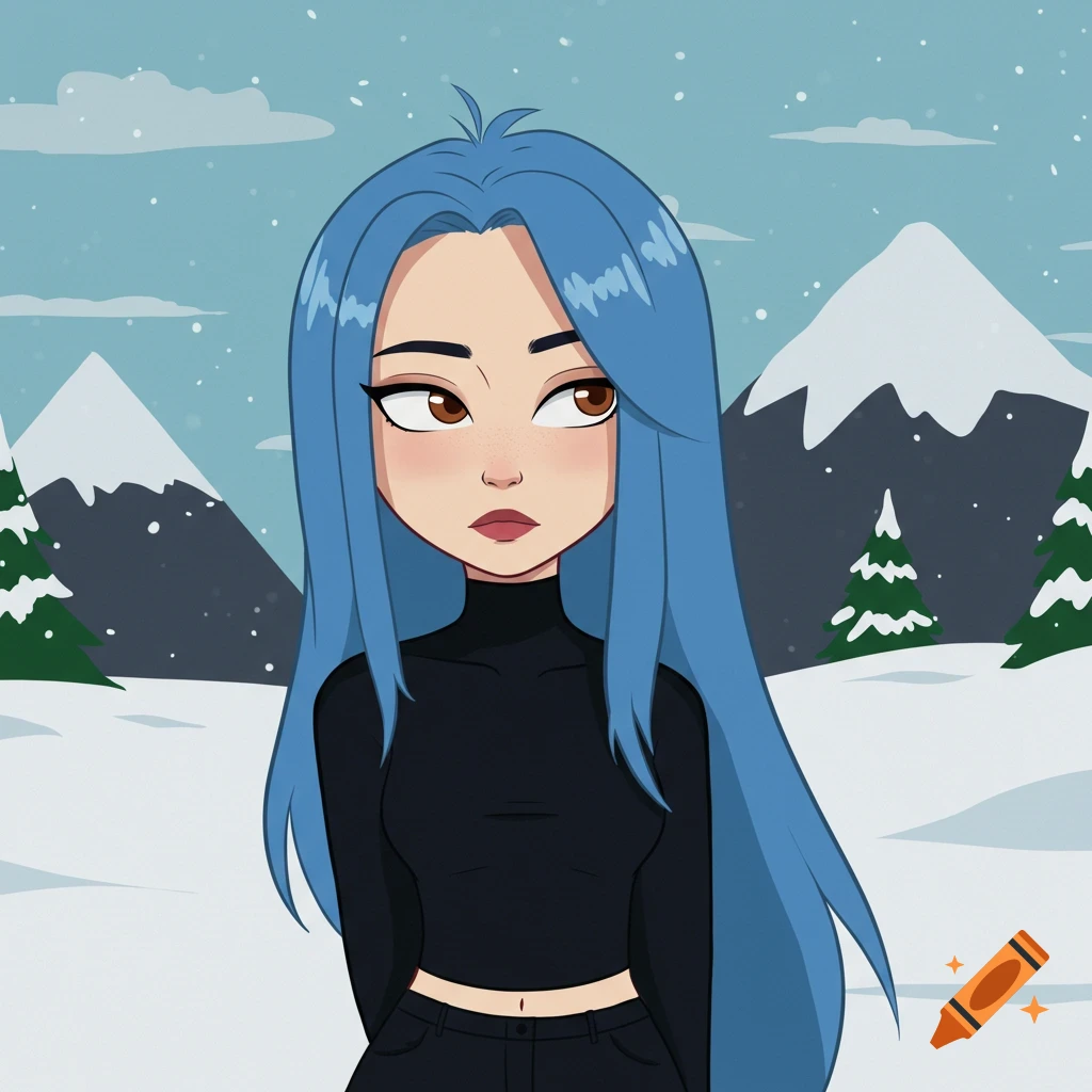 An animated cartoon character with long blue hair and brown eyes, wearing a black turtleneck crop top, stands in a snowy mountain landscape.