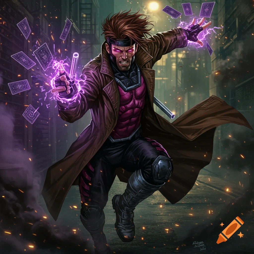 Gambit, a male superhero in a brown trench coat and pink shirt, aggressively throws violet-glowing playing cards in a dark city alley.