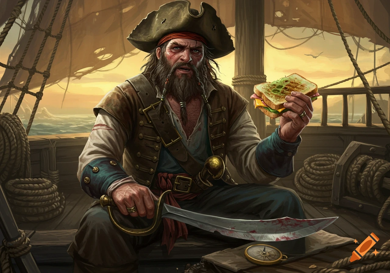 A bearded pirate in a tricorn hat sits on a ship's deck, holding a moldy grilled cheese sandwich and a bloody cutlass.