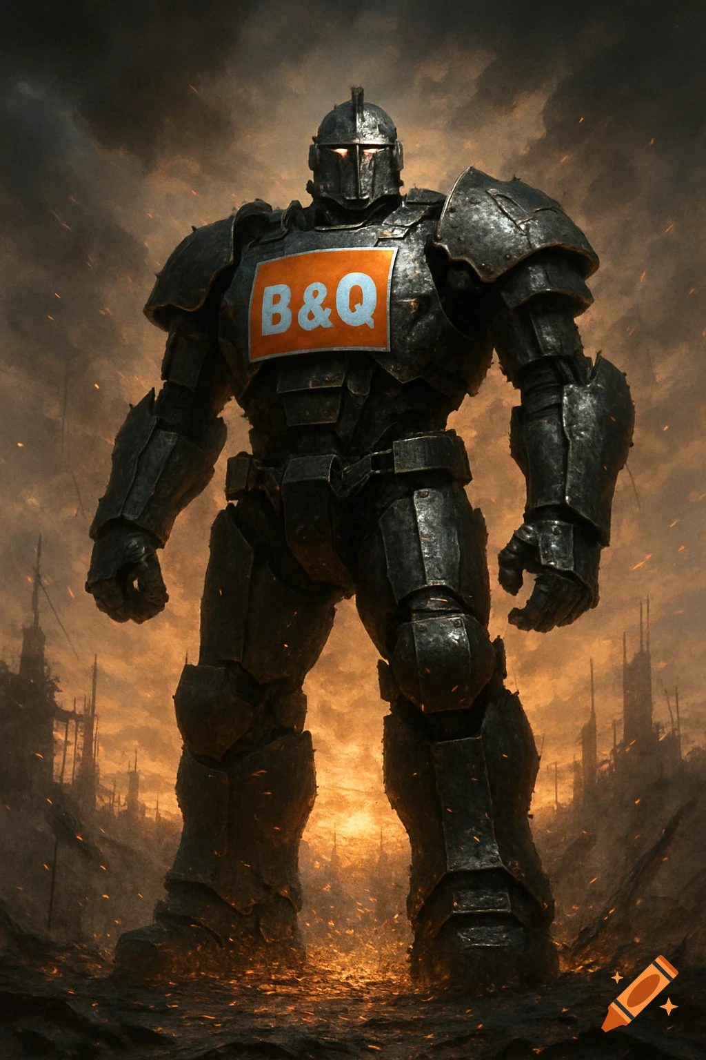 A giant, imposing armored warrior with glowing eyes and a B&Q logo on its chest stands in a fiery, destroyed cityscape.