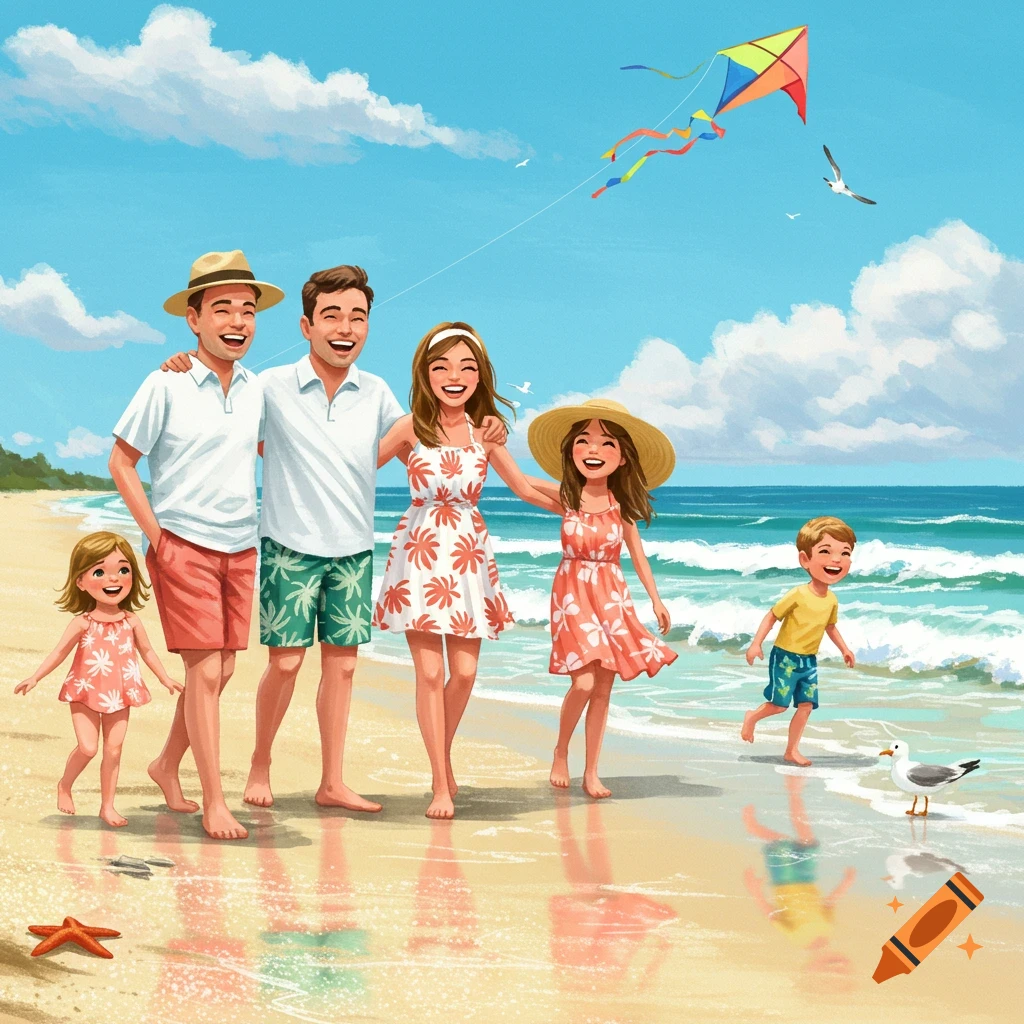 A happy family walks along a sunny beach with an ocean, a kite flying, and a seagull, in a bright illustration style.