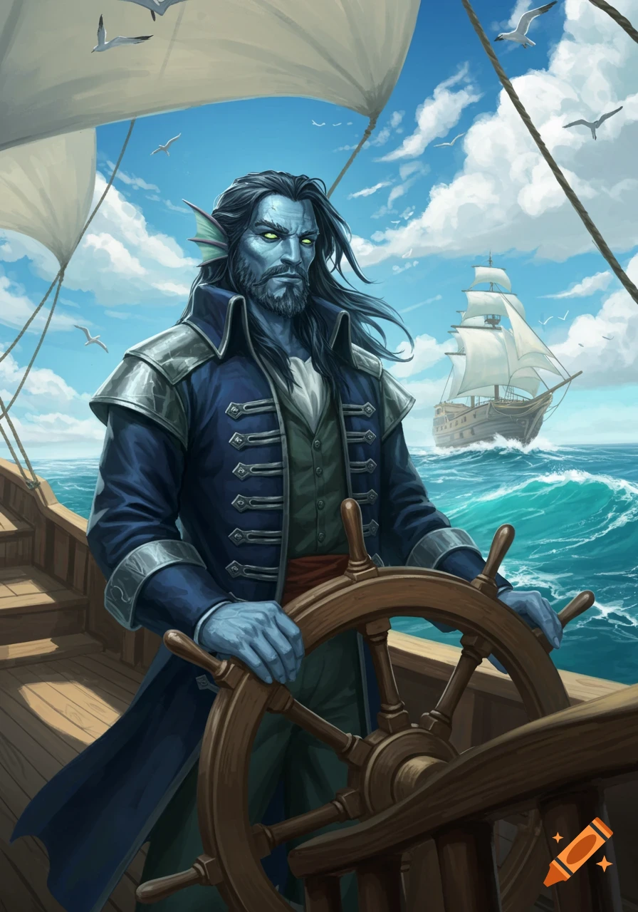 A blue-skinned genasi man with dark hair and fins, dressed as a captain, steers a ship's wheel at sea under a blue sky with gulls and another ship in the distance.