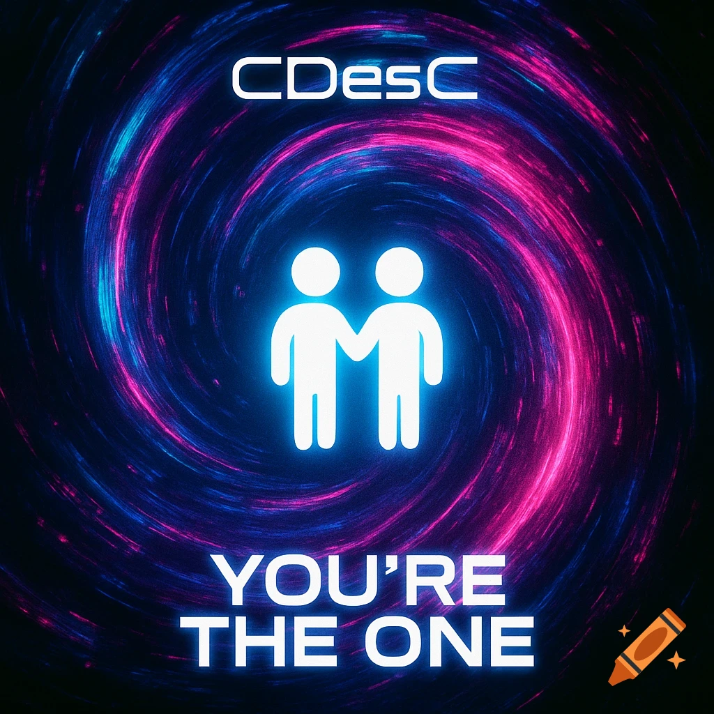 Album cover with two glowing figures holding hands, on a neon blue and pink vortex, with 'CDesC' at top and 'YOU'RE THE ONE' at bottom.