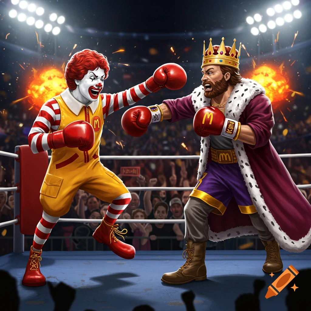 A stylized depiction of Ronald McDonald and the Burger King boxing in a lit stadium ring, both wearing boxing gloves and determined expressions.