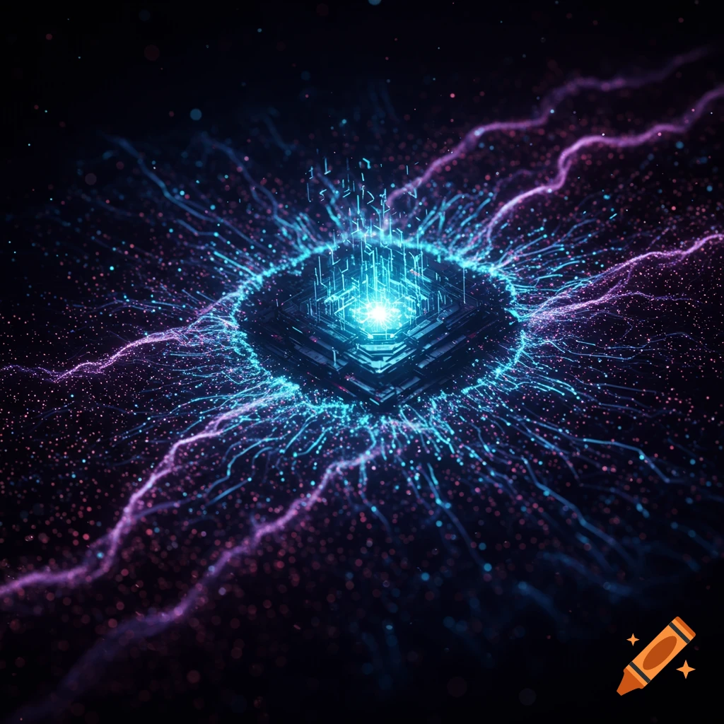 A glowing blue and purple energy core with electrical tendrils radiating outwards in a dark space.