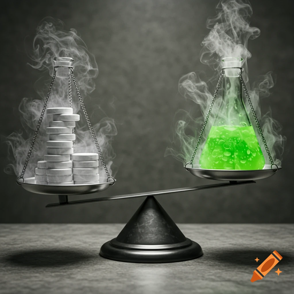 A balance scale with stacked white pills on one side and a bubbling green chemical in a flask on the other, both emitting smoke. The flask side weighs more.