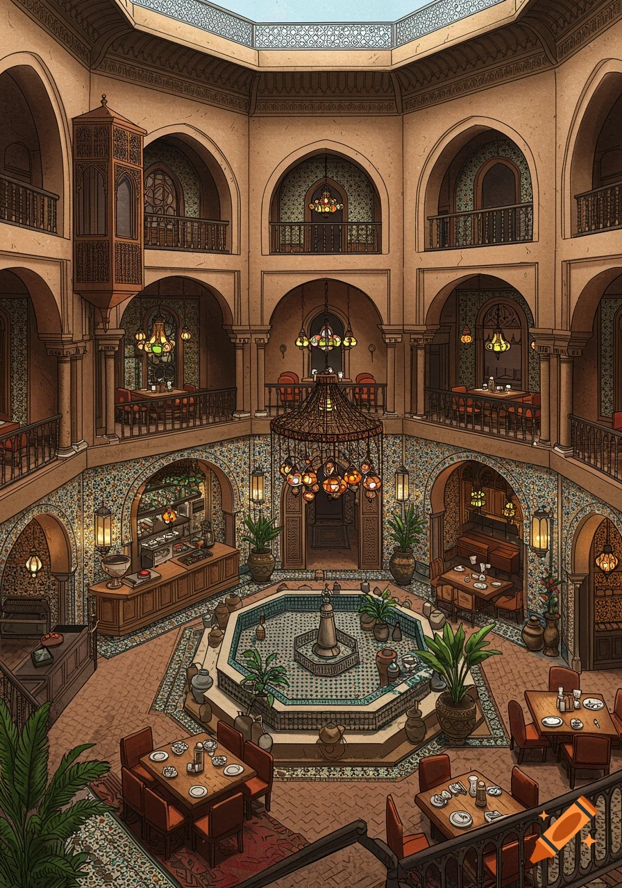 A detailed illustration of a multi-story Moroccan-style restaurant interior with a central fountain, arches, patterned tiles, and dining areas.