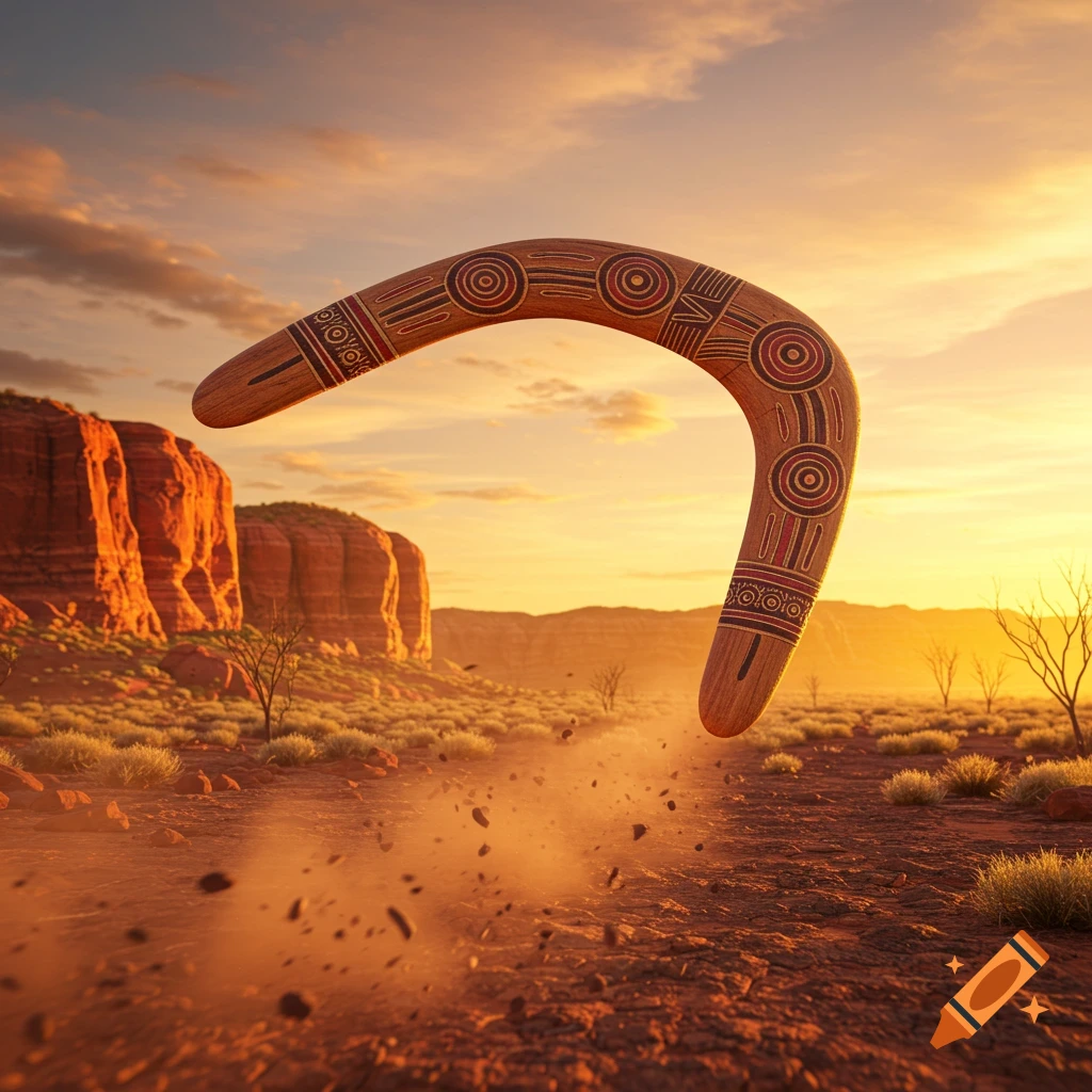 A traditional wooden boomerang with aboriginal patterns hovers over a dusty desert road at sunset with red cliffs in the background.
