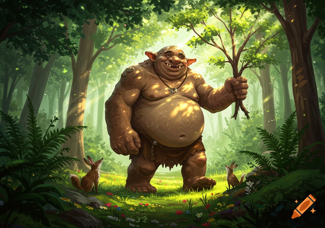 A friendly-looking troll with a big smile stands in a sunlit forest, holding a small tree. Two small foxes watch him.