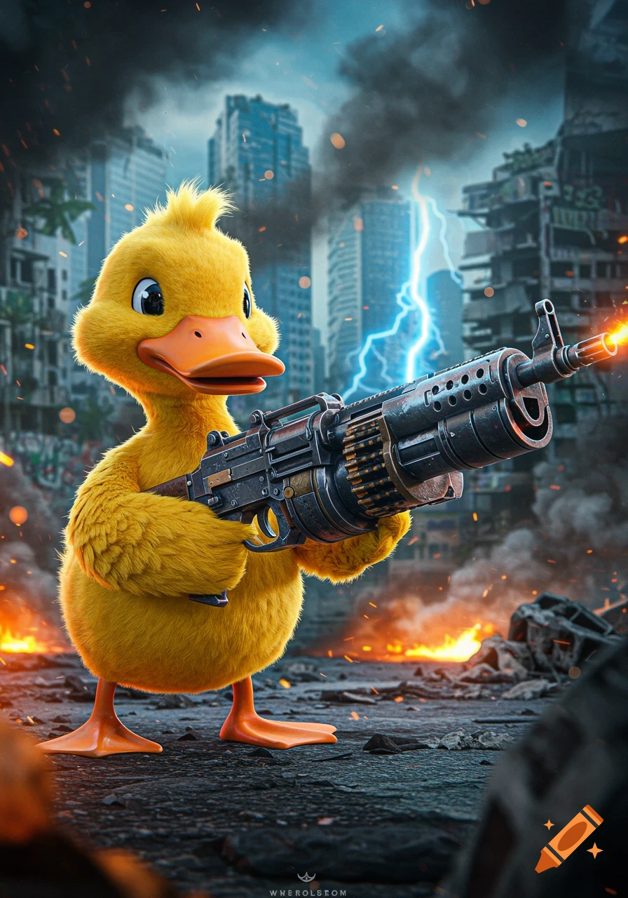 A fluffy yellow duck stands with a large machine gun in a destroyed city with lightning and fires in the background.