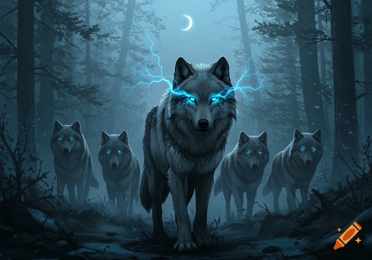 A pack of mystical wolves with glowing blue eyes and lightning in a dark, misty forest.