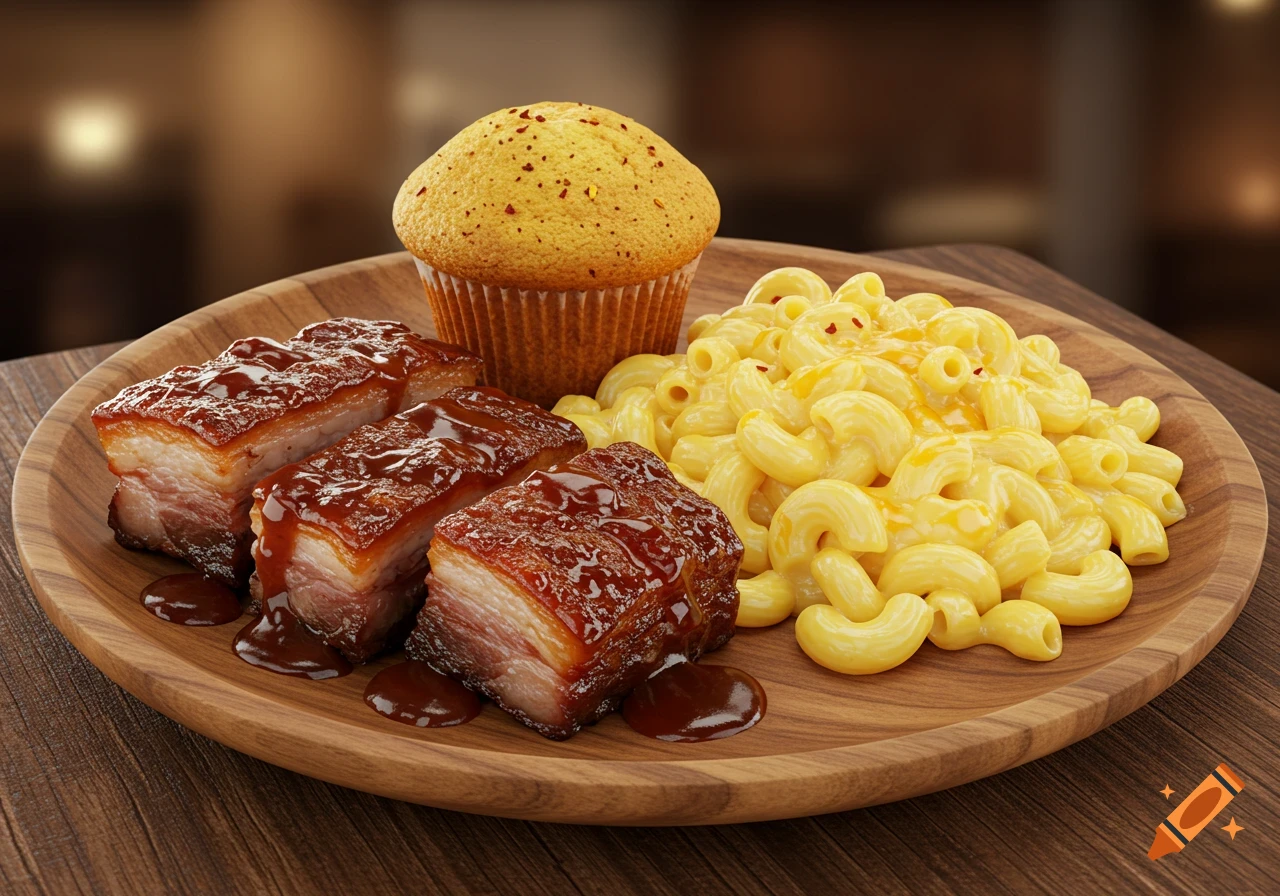 Photorealistic image of pork belly burnt ends with sauce, macaroni and cheese, and a corn muffin on a wooden plate.