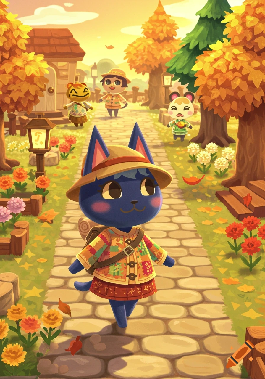 An Animal Crossing style illustration of a black cat villager walking on a stone path in an autumn village, with other animal villagers in the background.