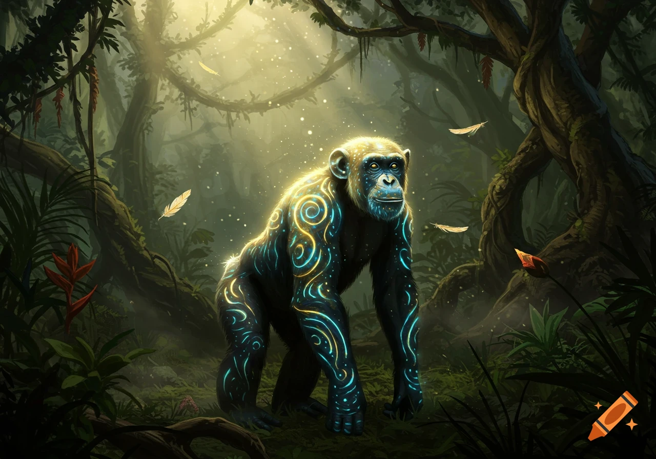 A chimpanzee with glowing blue and yellow swirl patterns stands in a sunlit jungle with falling feathers.