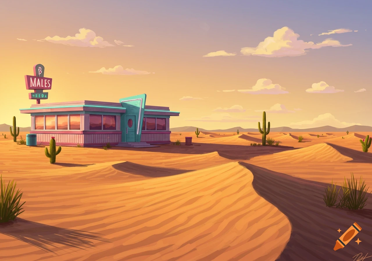 A stylized illustration of a 1950s-style diner with a prominent sign, set amidst golden sand dunes and cacti in a desert landscape under a pastel sky.
