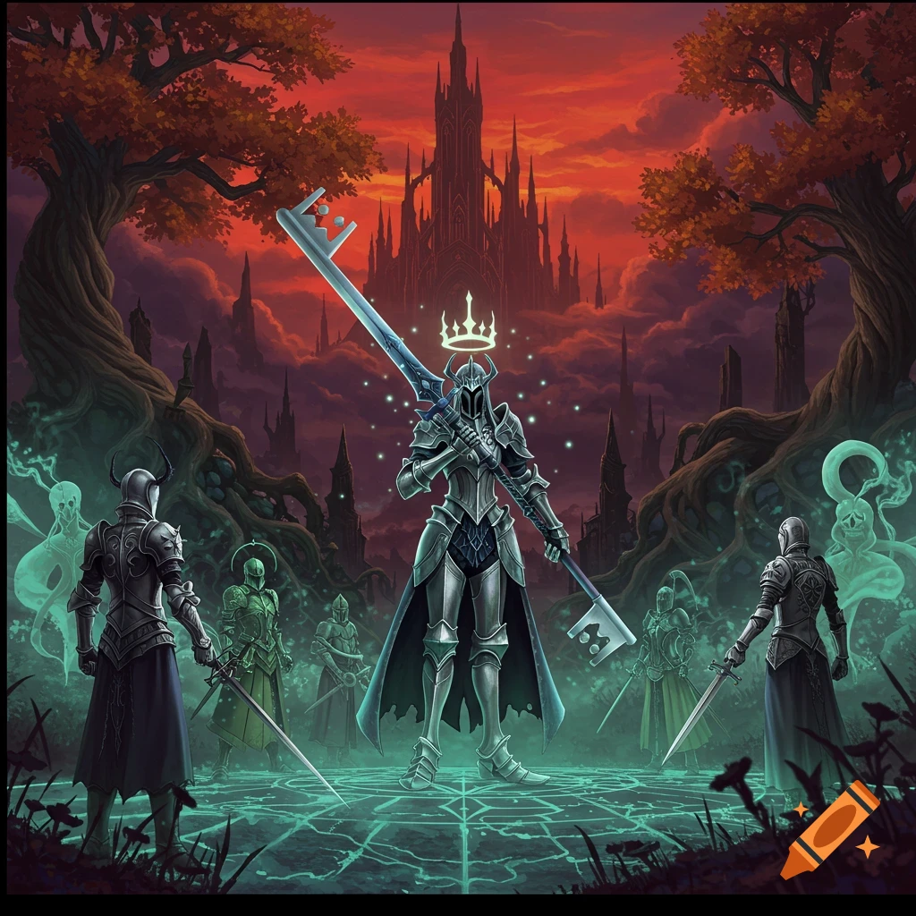 Armored knight holding a glowing key-sword, surrounded by other knights and spectral figures in a dark fantasy landscape with a towering castle under a red sky.
