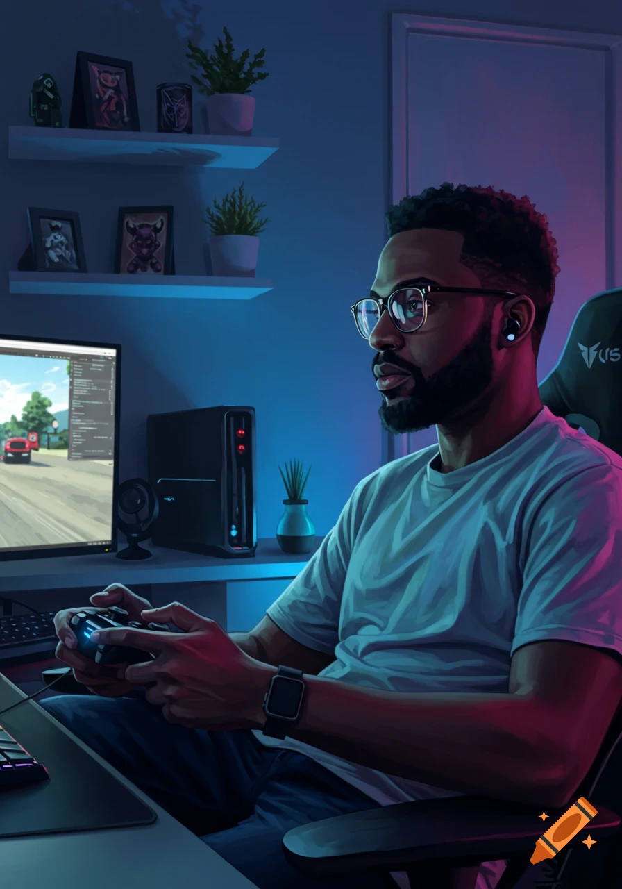 An African American man with glasses and a beard plays video games with a controller in a dark room illuminated by blue and pink light.