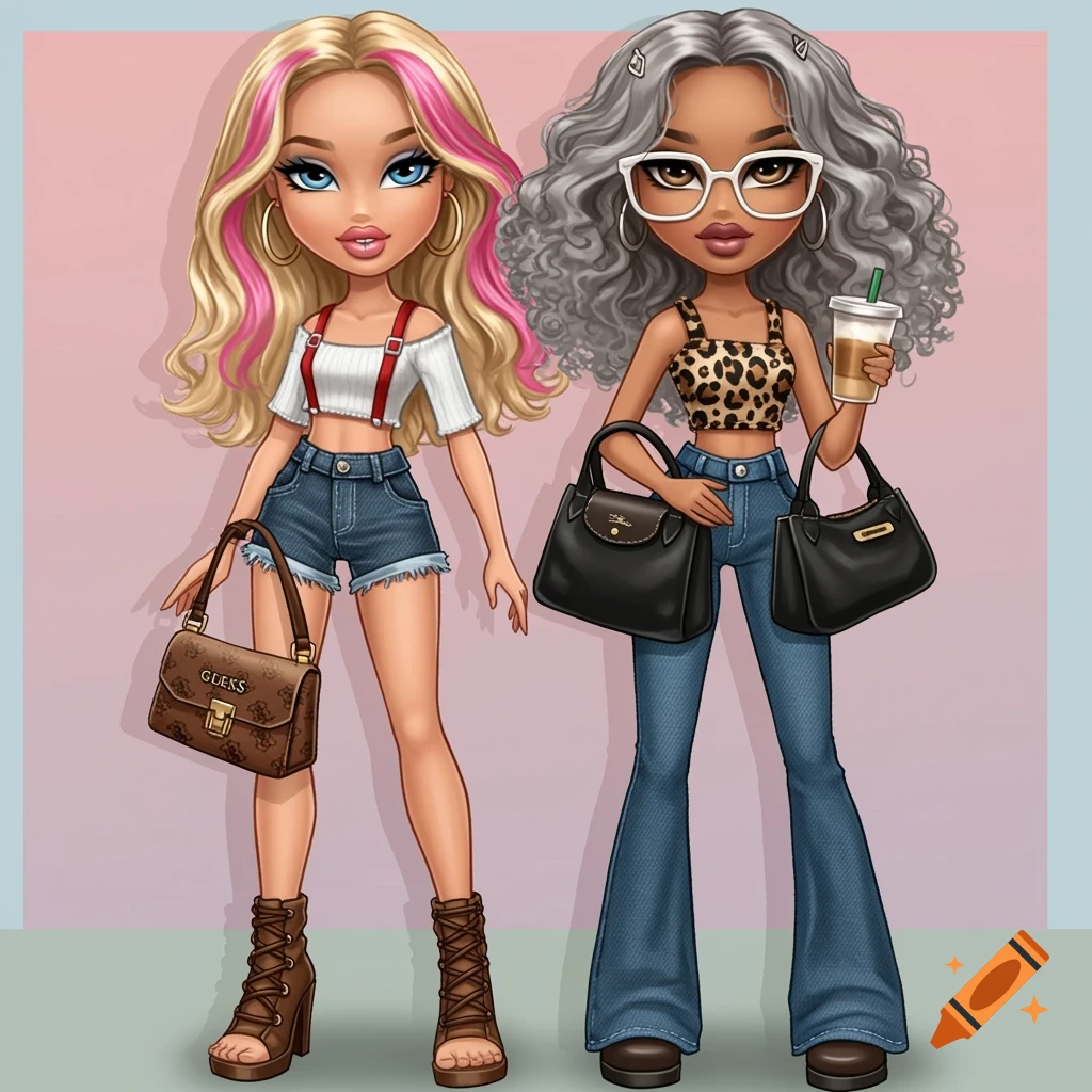 Two stylized Bratz dolls. One blonde in a white crop top and denim shorts with a brown handbag. The other, with gray curly hair, wears a leopard crop top and flared jeans, holding two black bags and a latte.