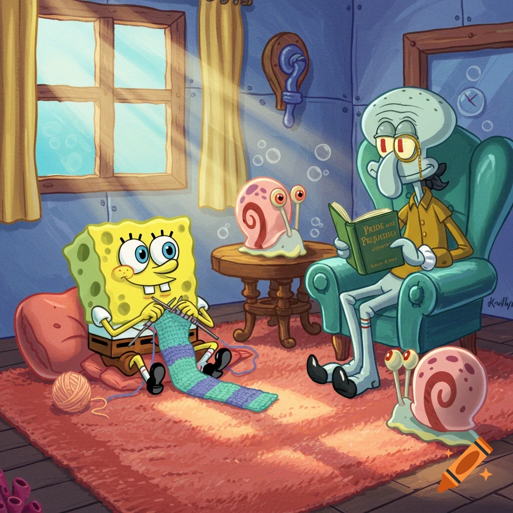 SpongeBob knitting a striped scarf while Gary watches, as Squidward reads 'Pride and Prejudice' in a teal armchair.