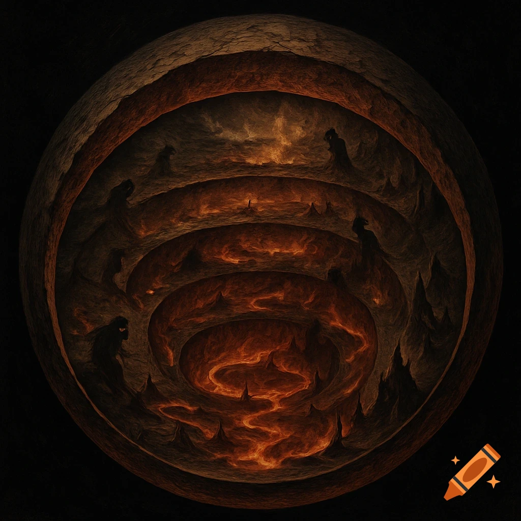 A dark, circular, layered diagram of hell, with fiery orange magma and shadowy figures, against a black background.