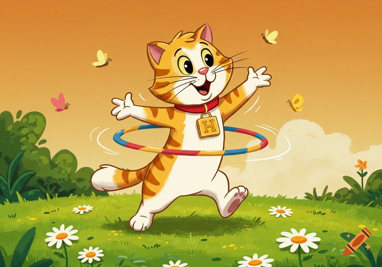 A cartoon orange and white cat with a red collar and a golden H locket plays with a hula hoop in a field with daisies and butterflies.