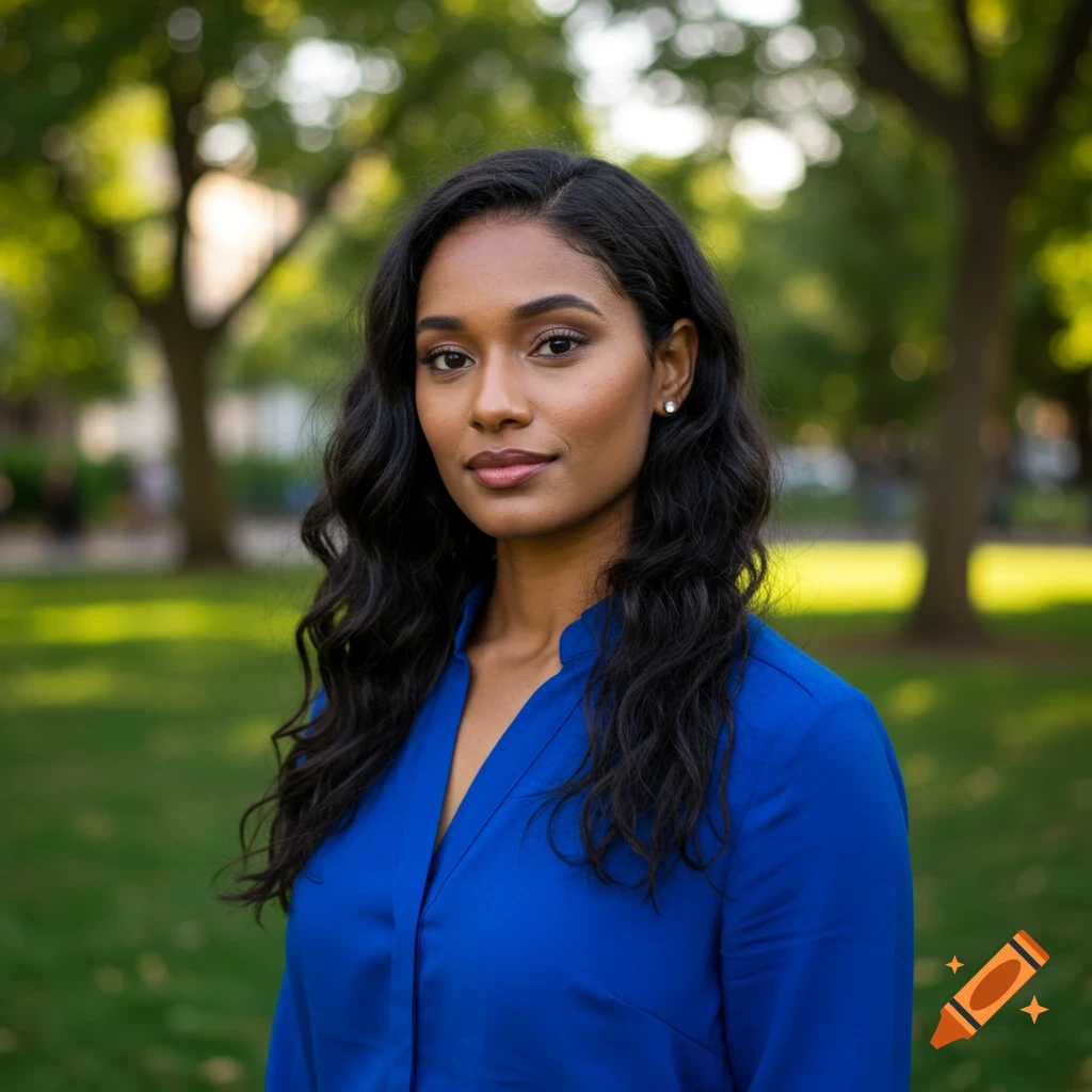 A photorealistic portrait of a woman with long dark hair, wearing a blue shirt, standing in a park.