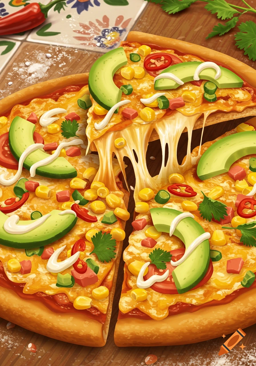 An illustrated close-up of a Mexican pizza with a cheese pull, topped with avocado, corn, tomatoes, jalapenos, and a drizzle of white sauce, on a patterned tile and wood surface.