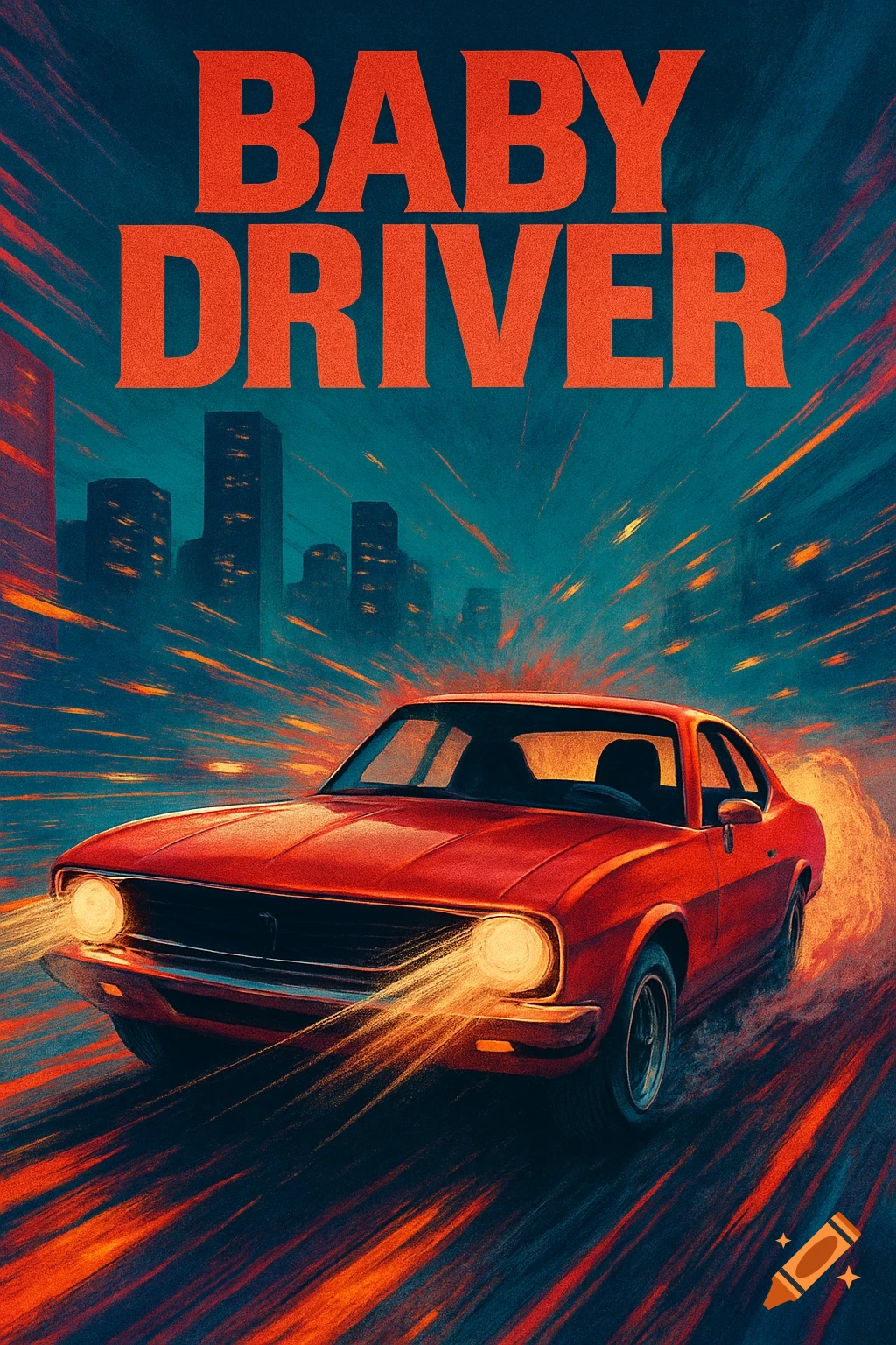 A stylized movie poster for Baby Driver featuring a red car speeding through a city at night, with light trails.