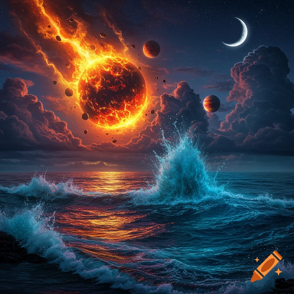A dramatic scene of a fiery planet above crashing ocean waves under a night sky with a crescent moon.