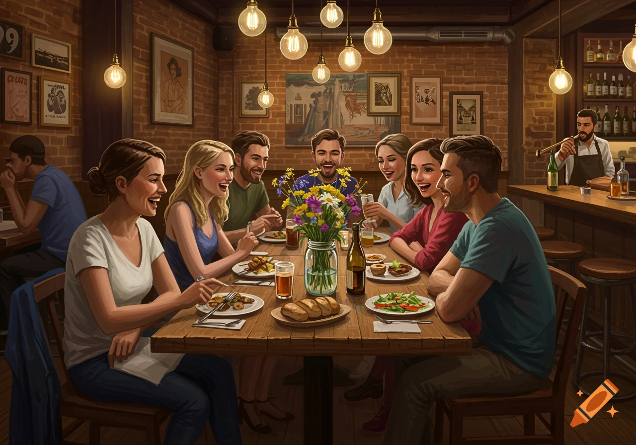 An illustration of a group of friends laughing and dining at a long wooden table in a cozy, brick-walled restaurant.