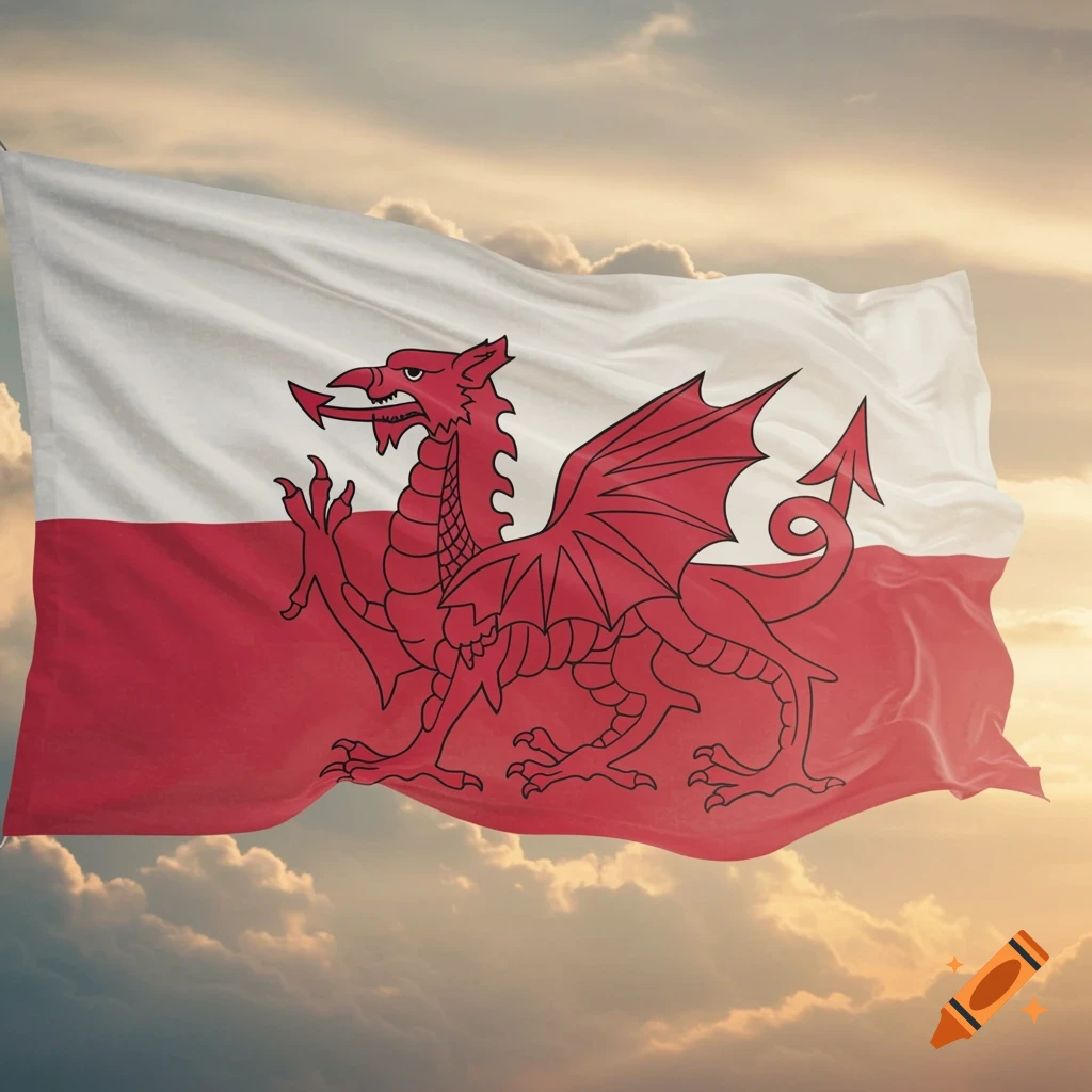 A red Welsh dragon on a white and red flag, waving against a cloudy sky.