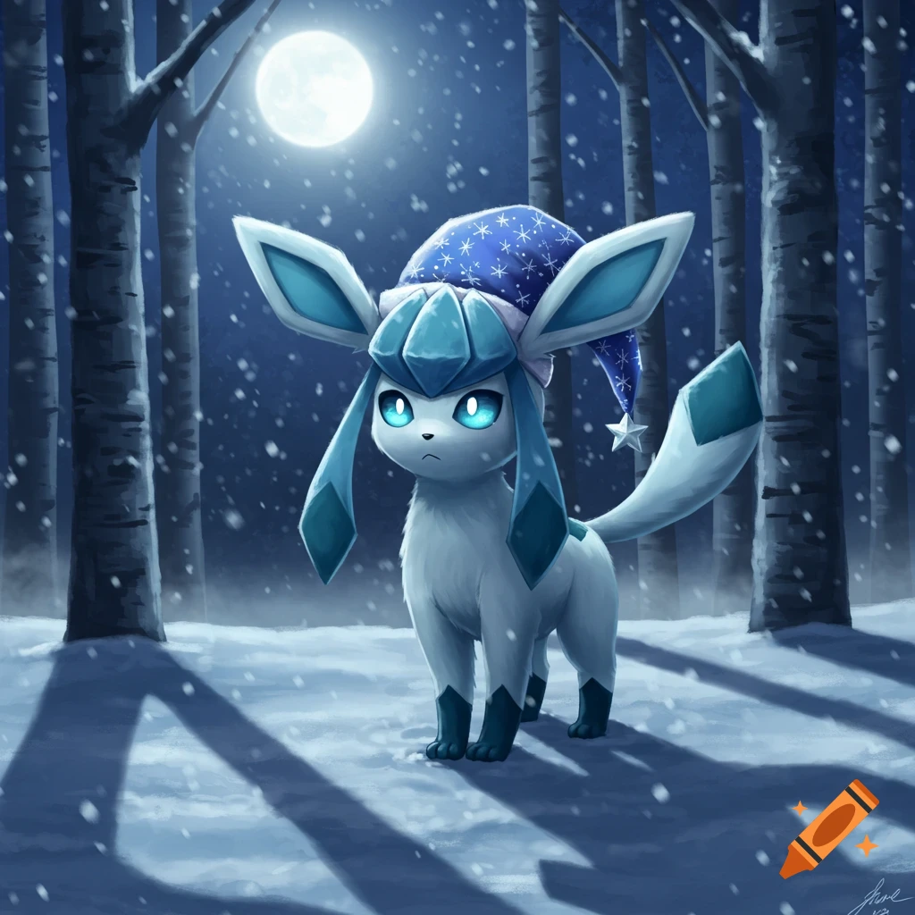 A Glaceon wearing a blue nightcap stands in a snowy forest under a full moon with snow falling.