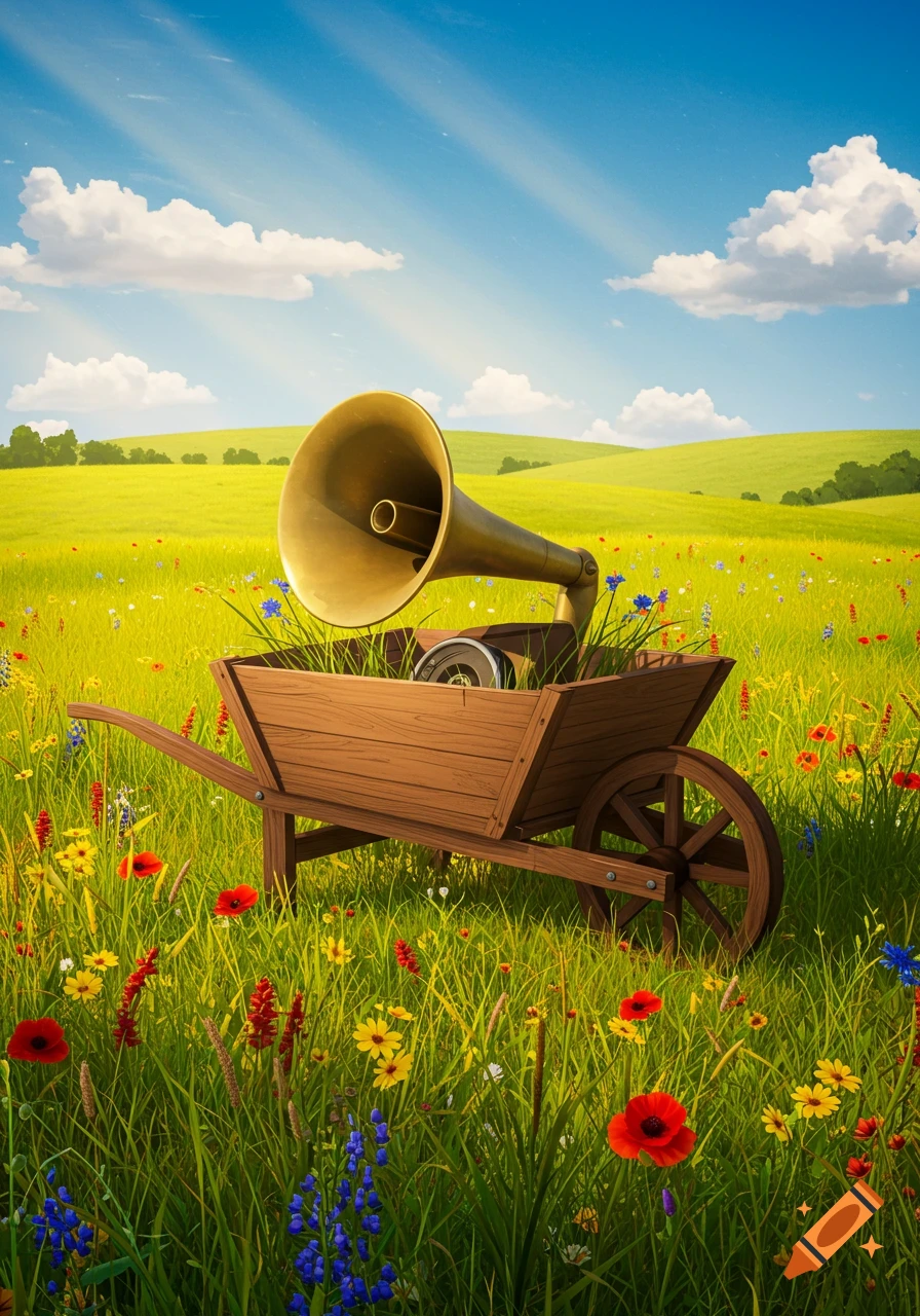 A wooden wheelbarrow holding a brass gramophone stands in a vibrant green meadow filled with colorful wildflowers under a bright blue sky.