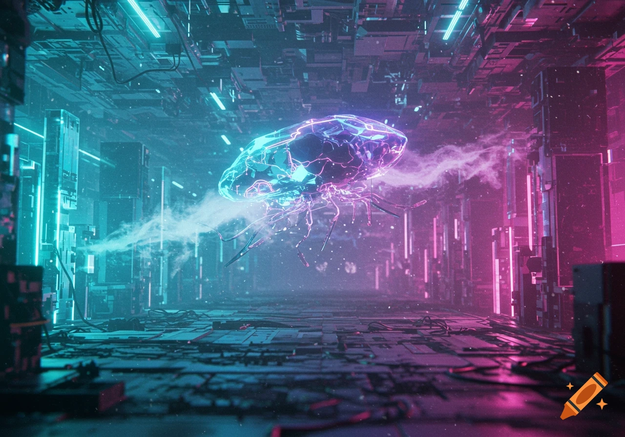 A glowing, bioluminescent jellyfish-like creature floats in a futuristic, neon-lit cyberpunk city environment with blue and pink hues.